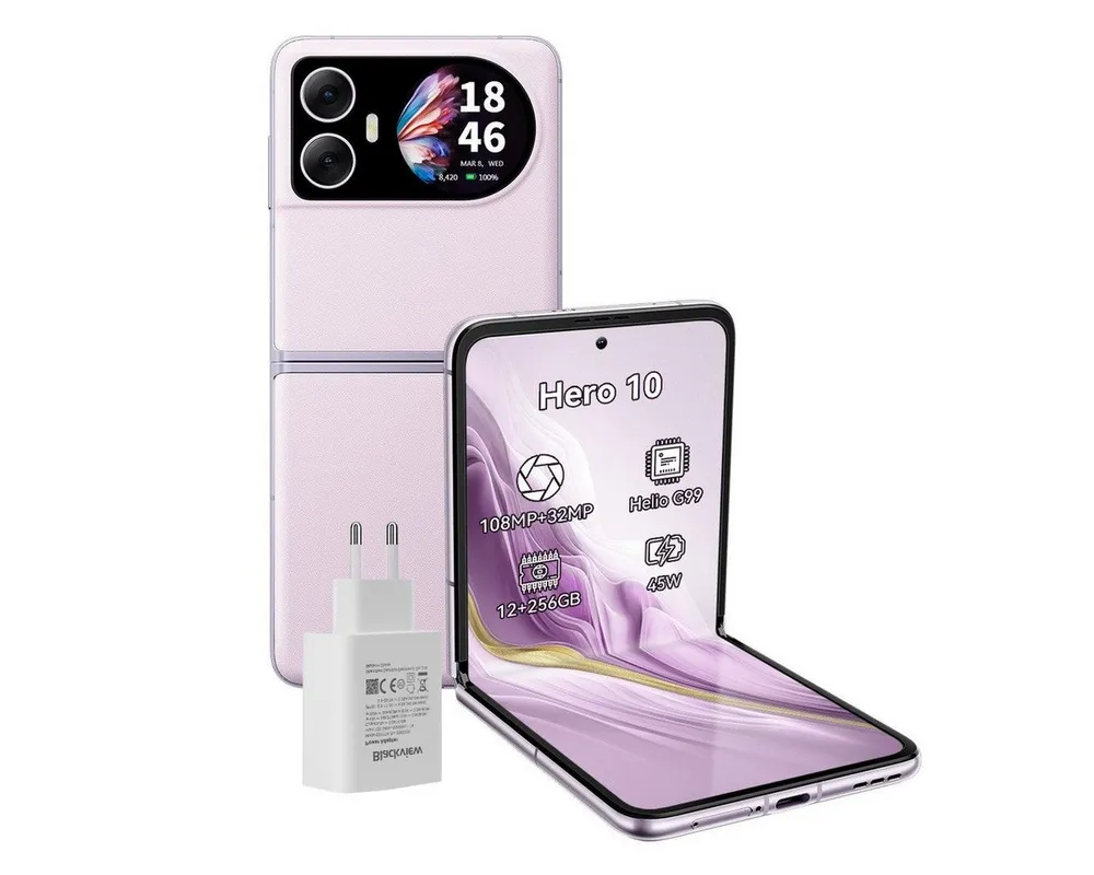 blackview Hero10 klapp handy Ohne Vertrag Zwei Bildschirmen incl. 45W Ladegerät Smartphone (6,9 Zoll, 256 GB Speicherplatz, 108 MP Kamera, 6,9", 2.5K, 108MP, Helio G99, 12+256GB, 45W, NFC)
