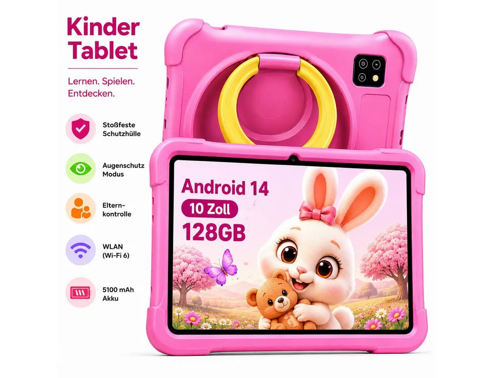 blackview Kinder Tablet 10 Zoll mit Schutzhülle, Android, WLAN, Elternkontrolle Tablet (10.1", 128 GB, Android 14, WLAN (Wi-Fi), Android 14, HD+ Display, 128GB, 5100 mAh,5G WiFi/WIFI 6/Gemini AI)