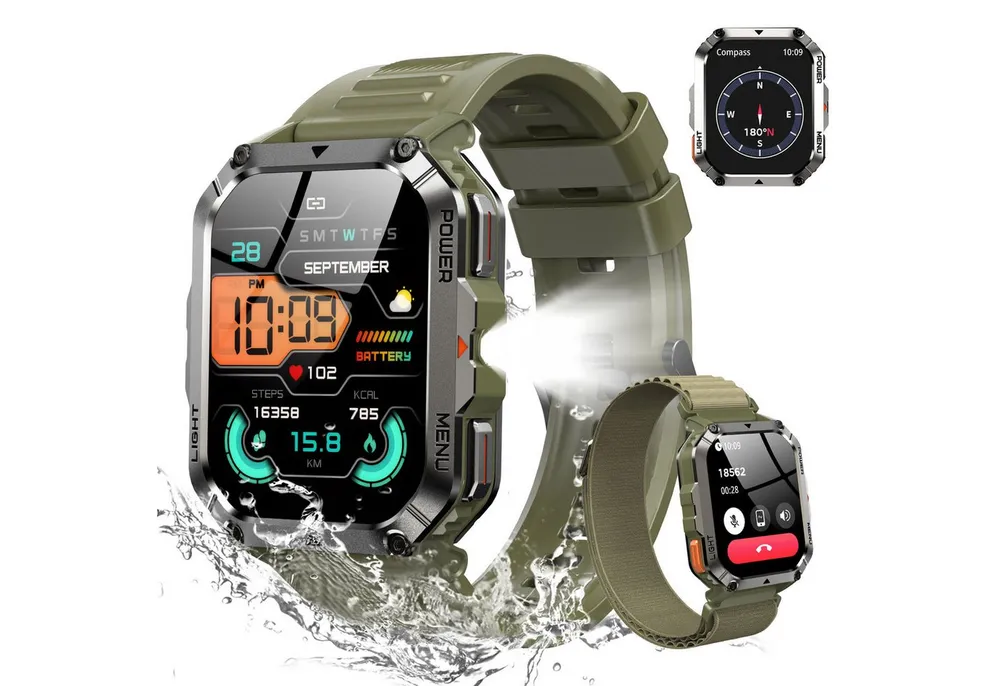 blackview Militär-Smartwatch Herren mit 900mAh Akku/LED-Taschenlampe/Kompass/SOS Smartwatch (2.01 Zoll, iOS/Android), 2×Riemen (Silikonband + gewebtes Band) 1×magnetisches Ladekabel, Herzfrequenz,SpO₂& Schlafüberwachung,100+ Sportmodi,Schrittzähler,IP68