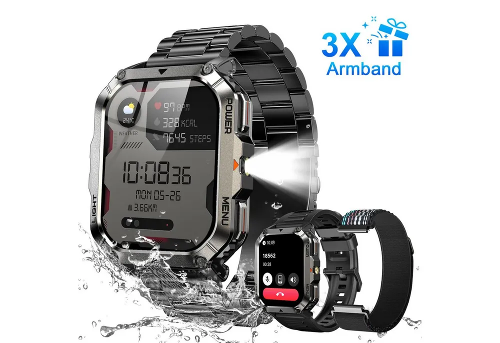 blackview Militär-Smartwatch Herren mit 900mAh Akku/LED-Taschenlampe/Kompass/SOS Smartwatch (2.01 Zoll, iOS/Android), 3-tlg., 3 x Riemen / 2 x Riemen und Ladekabel, Herzfrequenz,SpO₂& Schlafüberwachung,100+ Sportmodi,Schrittzähler,IP68