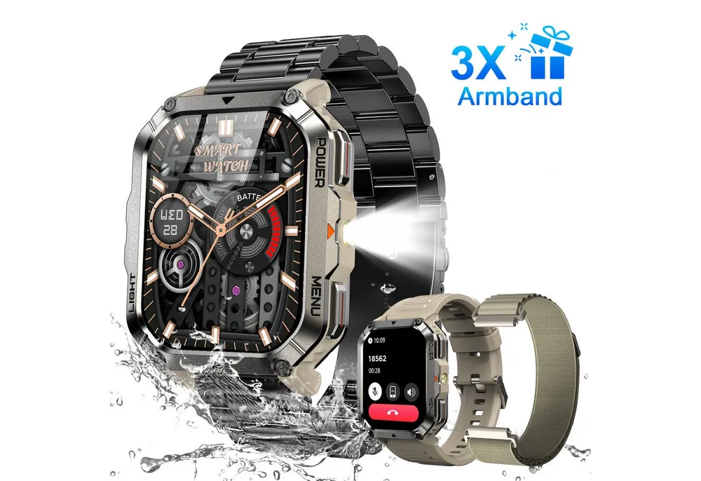 blackview Militär-Smartwatch Herren mit 900mAh Akku/LED-Taschenlampe/Kompass/SOS Smartwatch (2.01 Zoll, iOS/Android), 3-tlg., 3 x Riemen / 2 x Riemen und Ladekabel, Herzfrequenz,SpO₂& Schlafüberwachung,100+ Sportmodi,Schrittzähler,IP68