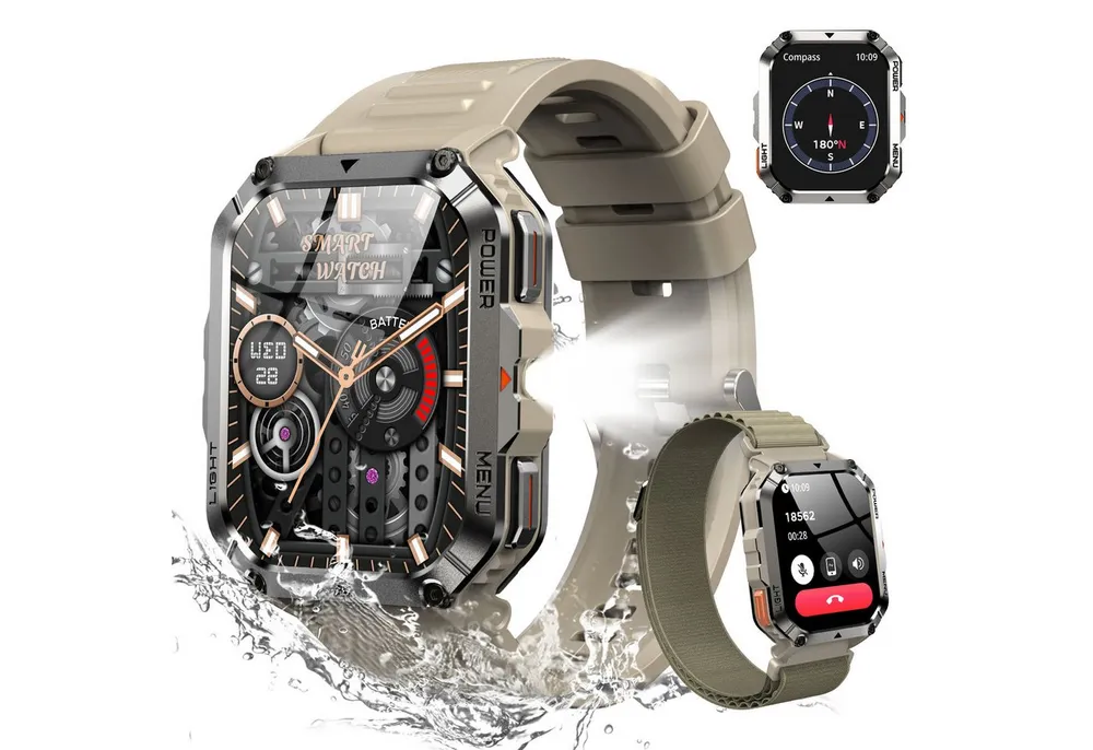 blackview Militär-Smartwatch Herren mit 900mAh Akku/LED-Taschenlampe/Kompass/SOS Smartwatch (2.01 Zoll, iOS/Android), 2×Riemen (Silikonband + gewebtes Band) 1×magnetisches Ladekabel, Herzfrequenz,SpO₂& Schlafüberwachung,100+ Sportmodi,Schrittzähler,IP68