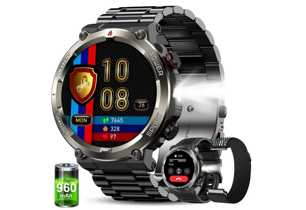 blackview Militärische Smartwatch für Herren mit 960mAh(30 Tage),Telefonfunktion Smartwatch (1.45 Zoll, iOS/Android), 3-tlg., 3 x Riemen / 2 x Riemen und Ladekabel, Sprachassistent,LED-Taschenlampe,Kompass,150+ Sportmodi,Schritten,IP68