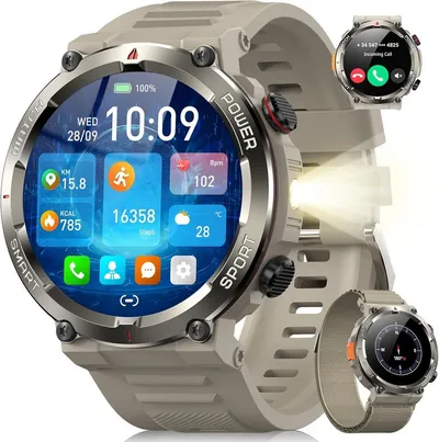 blackview Militärische Smartwatch für Herren mit Telefonfunktion, 960 mAh Akku Smartwatch (1.45 Zoll, iOS/Android), 1× Silikonarmband 1× Geflochtenes Armband 1× Magnetisches Ladekabel, 30 Tage Akkulaufzeit, LED-Taschenlampe, Kompass,150+ Sportmodi,IP68