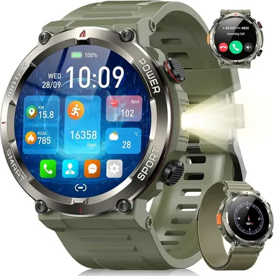 blackview Militärische Smartwatch für Herren mit Telefonfunktion, 960 mAh Akku Smartwatch (1.45 Zoll, iOS/Android), 1× Silikonarmband 1× Geflochtenes Armband 1× Magnetisches Ladekabel, 30 Tage Akkulaufzeit, LED-Taschenlampe, Kompass,150+ Sportmodi,IP68