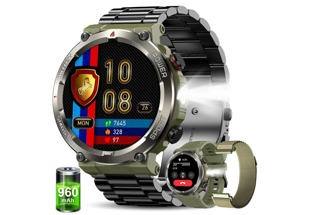 blackview Militärische Smartwatch für Herren mit 960mAh(30 Tage),Telefonfunktion Smartwatch (1.45 Zoll, iOS/Android), 3-tlg., 3 x Riemen / 2 x Riemen und Ladekabel, Sprachassistent,LED-Taschenlampe,Kompass,150+ Sportmodi,Schritten,IP68