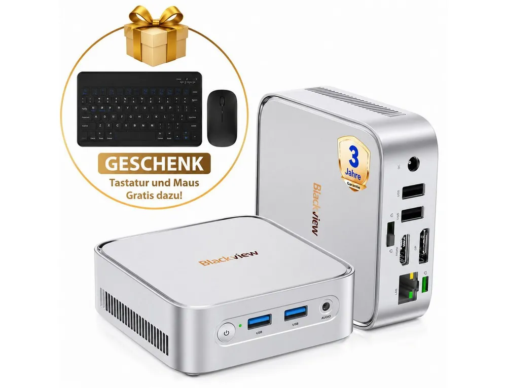 blackview Neuer MP50 AMD Ryzen 5 3500U(4C/8T) 16GB RAM 512GB SSD Mini-PC (AMD AMD Ryzen 5 3500U, AMD Ryzen 5 3500U, 16 GB RAM, 512 GB SSD, Windows 11 Pro, WiFi 5 gaming PC, HDMI, Mit Tastatur und Maus)