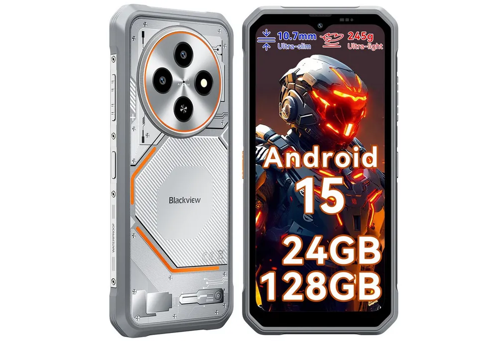 blackview Outdoorhandy (10,7 mm), 3 KI-Modelle, mit Hülle, sehr dünn Smartphone (6.56 Zoll, 128 GB Speicherplatz, DokeOS 5.0, Android 15, 24GB, 16MP, 5W OTG)