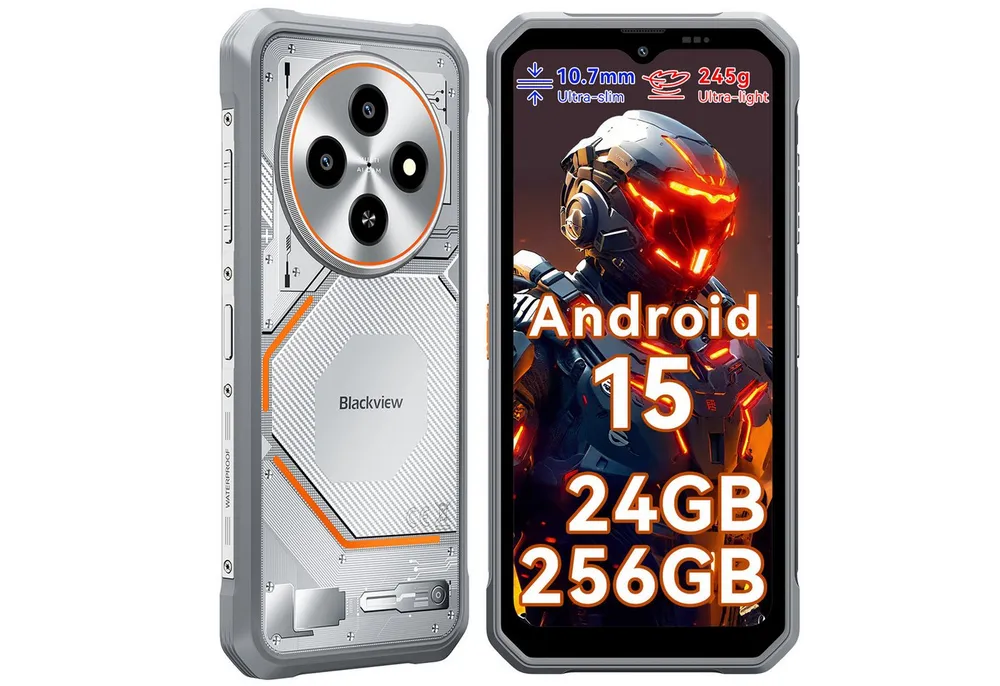 blackview Outdoorhandy (10,7 mm), 3 KI-Modelle, mit Hülle, sehr dünn Smartphone (6.56 Zoll, 256 GB Speicherplatz, DokeOS 5.0, Android 15, 24GB, 16MP, 5W OTG)