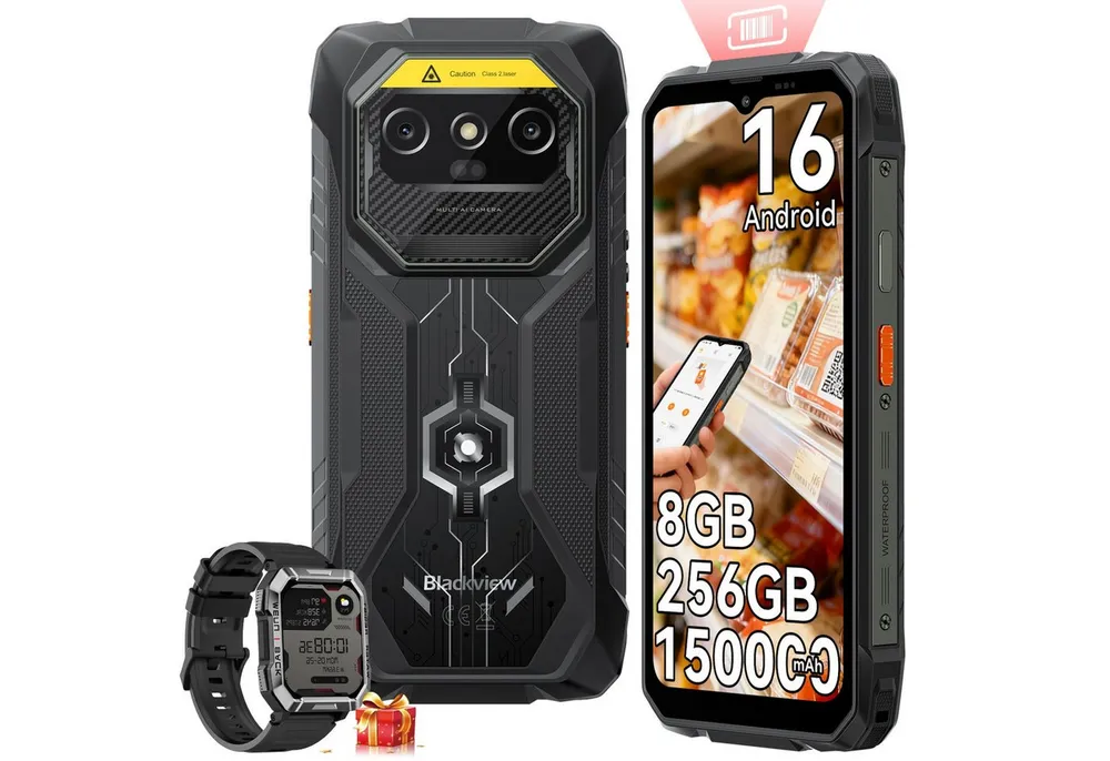 blackview ROCK 1 Pro 2D-Scan, Android 16, 15000mAh, 32GB+256GB incl. W60 Outdoor Smartphone (16,66 cm, 16 MP+20 MP Kamera, Android 16, 6,56"+2.01", 256GB, 16MP+20MP Nachtsicht, 33W)