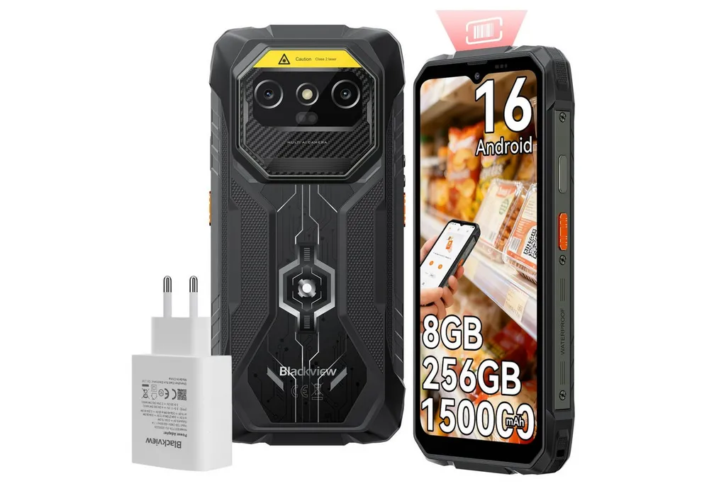 blackview ROCK 1 Pro 2D-Scan, Android 16, 15000mAh incl. 45W Ladegerät Outdoor Smartphone (16,66 cm, 16 MP+20 MP Kamera, Android 16, 6,56"+2.01", 256GB, 16MP+20MP Nachtsicht, 33W)