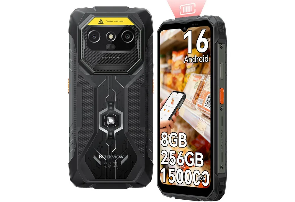 blackview ROCK 1 Pro Android 16, 15000mAh, 32GB+256GB Outdoor Smartphone (16,66 cm, 16 MP+20 MP Kamera, Android 16, 6,56"+2.01", 256GB, 16MP+20MP Nachtsicht, 33W)