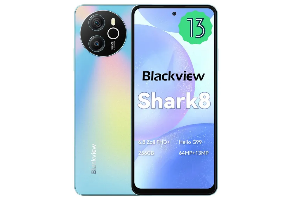 blackview Shark8 64MP,5000mAh,33W,AI Smartphone (6.8 Zoll, 64 MP Kamera, 2.4K Display, 64+13 MP, Helio G99, Dual 4G, NFC/Face ID, 120Hz, 6.78)