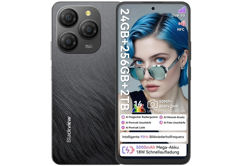 blackview Shark9 5G AI Handy (50 MP Kamera, Dual 5G, Android 14, NFC, AI-Dialog)