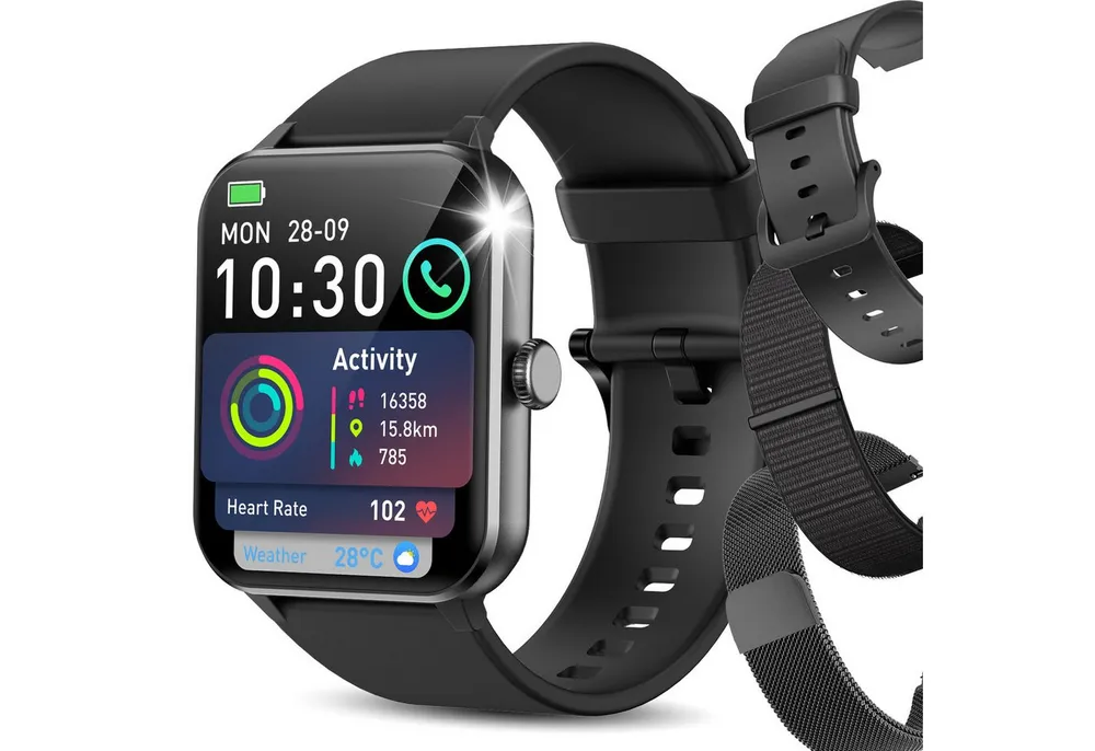blackview Smartwatch Damen Herren mit 7 Tagen Akkulaufzeit,3 Armbänder, 1,85" HD Smartwatch Set, 1-tlg., 3× Armbänder (Silikon + Metall + Geflochten) und Ladekabel, 350mAh,KI-Sprachassistent, HR,SpO₂,Schlaf,100+Sportmodi,Schritten,IP68