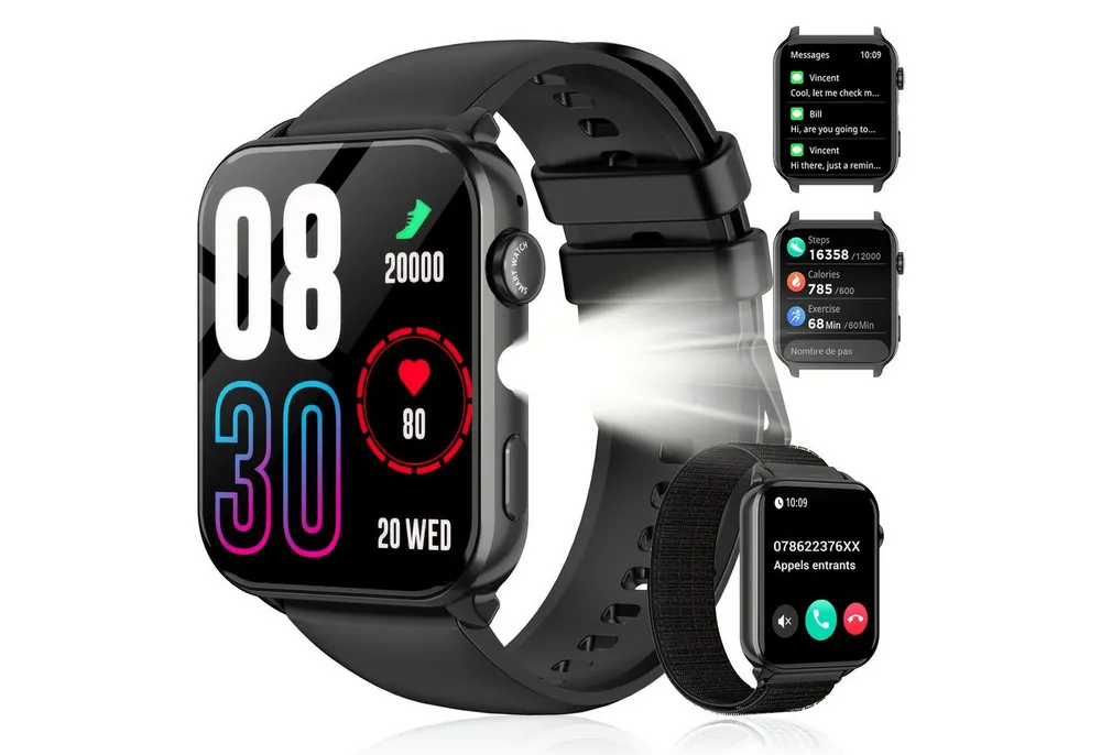 blackview Smartwatch Herren Damen, LED-Leuchte, 350mAh (6 Tage), 2 Armbänder Smartwatch (1.91 Zoll, iOS/Android), mit Wechselband aus weichemSilikon und Ladekabel, Antwort & Anruf tätigen,Herzfrequenz,Schlafmonitor,SpO2,Schritten,IP68