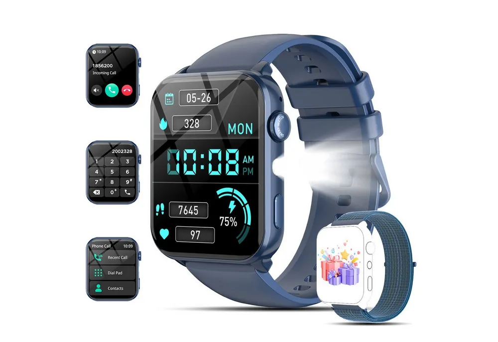 blackview Smartwatch Herren Damen, LED-Leuchte, 350mAh (6 Tage), 2 Armbänder Smartwatch (1.91 Zoll, iOS/Android), mit Wechselband aus weichemSilikon und Ladekabel, Antwort & Anruf tätigen,Herzfrequenz,Schlafmonitor,SpO2,Schritten,IP68