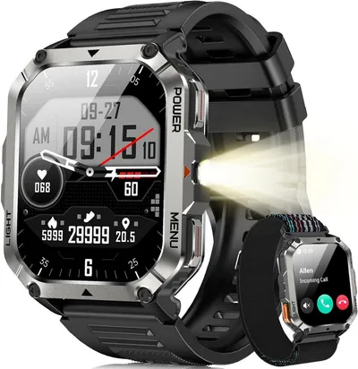 blackview Smartwatch herren mit 2,01" HD-Touchscreen, 900mAh Akku & 3 Armbändern Smartwatch (5.1 cm/2.01 Zoll, iOS/Android) Set, 1-tlg., 3xRiemen (Metallarmband+Silikonarmband+Geflochtenesband) und Ladekabel, Anrufe tätigen&empfangen,20 TageAkku,LED-Taschenlampe,Kompass,SOS,IP68