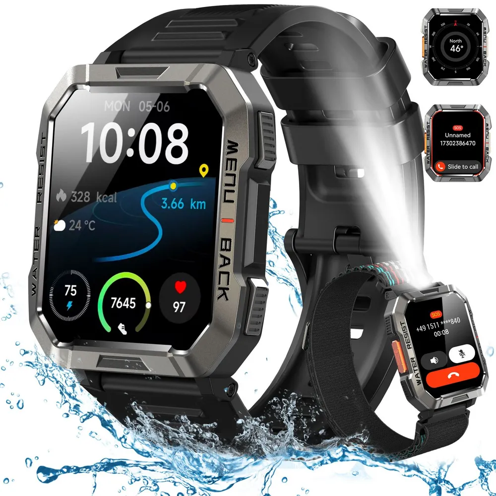 blackview Smartwatch Herren W60, 900mAh( 30 Tage Akkulaufzeit) , Bluetooth-Anrufe Smartwatch (5.1 cm/2.01 Zoll, iOS/Android) Set, 1-tlg., 3xRiemen (Metallarmband+Silikonarmband+Geflochtenesband) und Ladekabel, Sprachassistent,LED-Taschenlampe,Kompass,150+ Sportmodi,Schritten,IP68