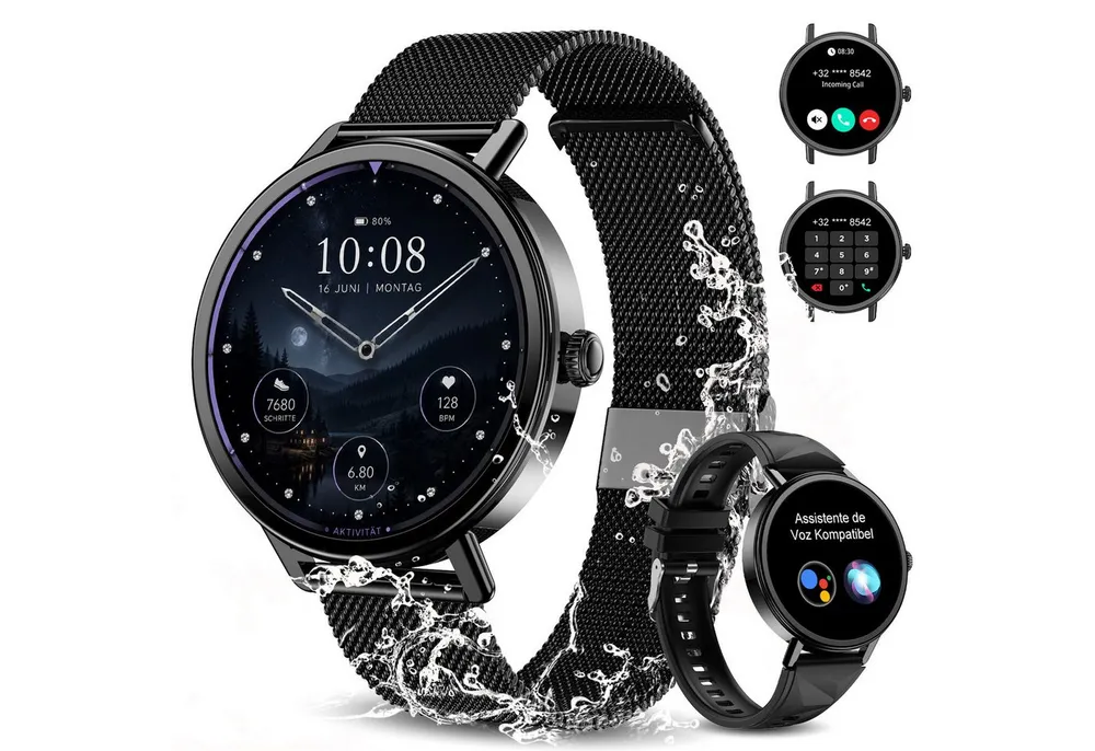 blackview Smartwatch X30 1,26″ für Damen mit Telefonfunktion undFitness-Tracking Smartwatch (4 cm/1.26 Zoll, iOS/Android) Set, mit Wechselband aus weichemSilikon und Ladekabel, 5 Tage Akkulaufzeit/2 Armbänder/HF&SpO₂& Blutdruck/100+ Sportmodi,IP68