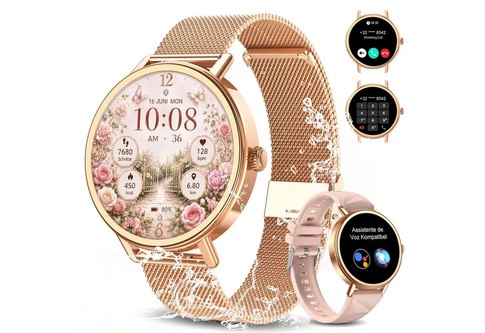 blackview Smartwatch X30 1,26″ für Damen mit Telefonfunktion undFitness-Tracking Smartwatch (4 cm/1.26 Zoll, iOS/Android) Set, mit Wechselband aus weichemSilikon und Ladekabel, 5 Tage Akkulaufzeit/2 Armbänder/HF&SpO₂& Blutdruck/100+ Sportmodi,IP68