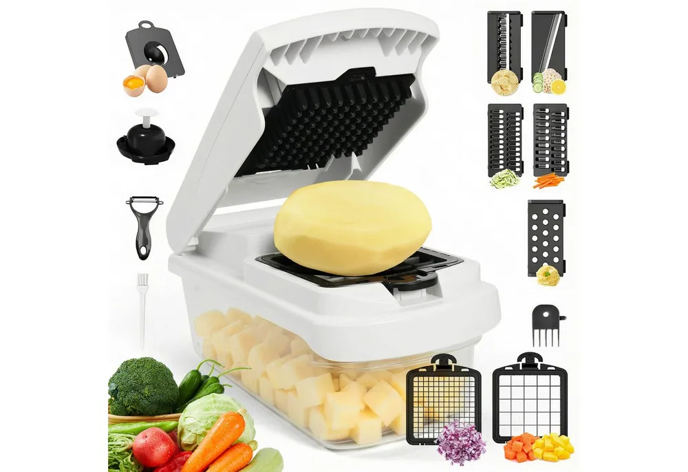BlingBin Gemüseschneider 15-in-1 Gemüsehobel mit 7 Austauschbaren Klingen, Küchenreibe, Gemüse Schneider Würfelschneider für Kartoffeln Gurken Früchte
