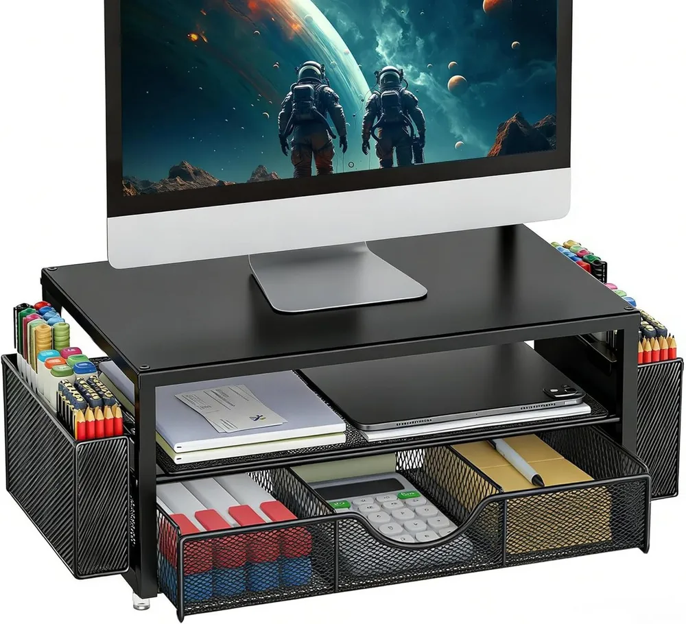 BlingBin Monitorständer Ergonomischer doppelstöckiger Schreibtischorganizer, (1 Stück, 1-tlg., 39,5 x 25,5 x 16 cm, mit Schublade und 2 Stifthalter für Bürozubehör)