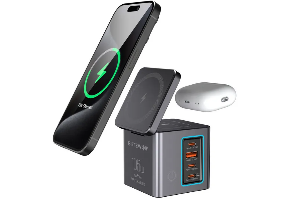 BLiTZWOLF 105 W 6-in-1 Kabelloses Ladegerät GaN Induktions-Ladegerät Ladestation (1-tlg., Schnellladegerät mit LED-Licht für Smartphone, Tablet &Laptop, AirPods)