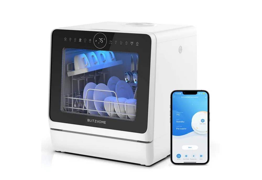 BLiTZWOLF Tischgeschirrspüler 950W Mini Tischspülmaschine Geschirrspüler BH-4-CDW, mit 5L Wassertank und 8 Spülprogramme, APP-Steuerung, Kindersicherung