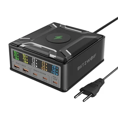 Ladegerät BlitzWolf BW-S28 260W GaN 5 Ports USB-C und USB-A Kabelloses Laden 15W Schwarz