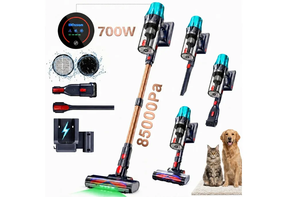 Blossom Akku-Hand-und Stielstaubsauger Akku Staubsauger Staubsauger Kabellos 85000Pa/70Min/2,1L, 700 W, beutellos, 52dB leise/6-Stufen-Filter/OLED Display,Ideal für Böden/Teppiche/Auto