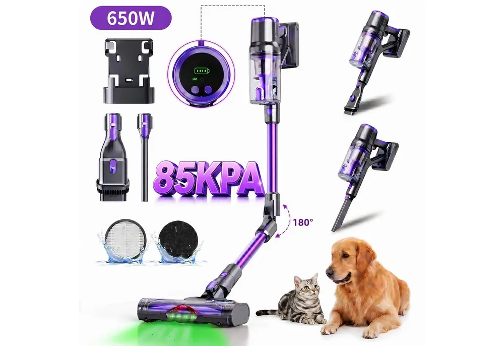 Blossom Akku-Hand-und Stielstaubsauger Akku Staubsauger 85000Pa/650W/65Min, 2L Staubsauger Kabellos, 2 L, 50dB leise/6-Stufen-Filter/OLED Display,Ideal für Böden/Teppiche/Auto