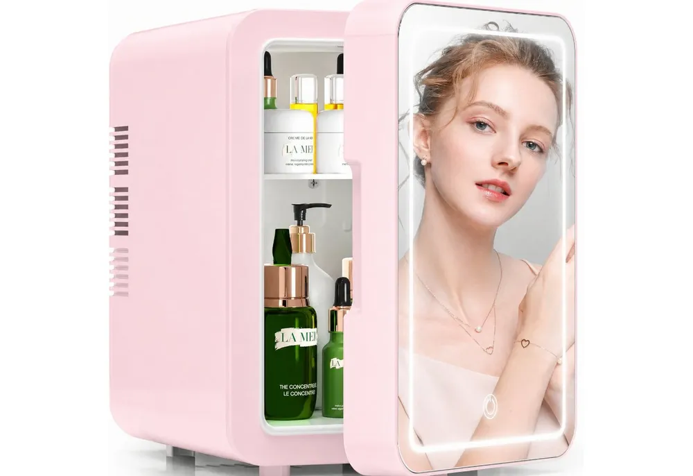 Blossom Kühlbox 4 L Mini Kühlschrank Kosmetik Kühlschrank Tragbarer mit LED Spiegel, 4 l, Autokühlschrank Skincare Fridge Kühl & Heiß für Schlafzimmer Büro Auto
