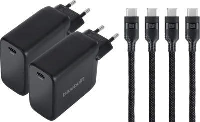 BlueBuilt 100 W GaN USB-C-Ladegerät Schwarz + USB-C-Kabel 240 W 2 m Nylon Schwarz Doppelpack