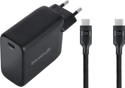 BlueBuilt 100 W GaN USB-C-Ladegerät Schwarz + USB-C-Kabel 240 W 2 m Nylon Schwarz