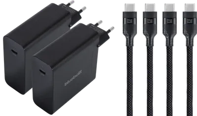 BlueBuilt 140 W GaN USB-C-Ladegerät Schwarz + USB-C-Kabel 240 W 2 m Nylon Schwarz Doppelpack