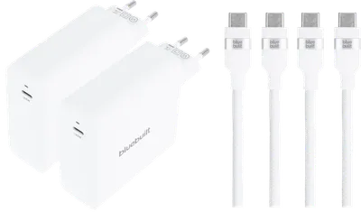 BlueBuilt 140 W GaN USB-C-Ladegerät Weiß + USB-C-Kabel 240 W 2 m Nylon Weiß Doppelpack