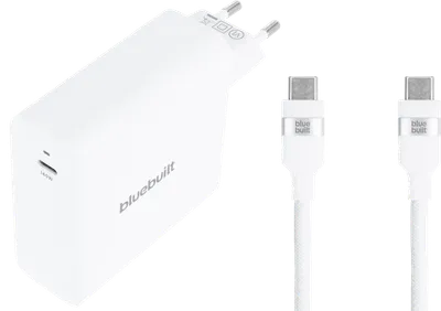 BlueBuilt 140 W GaN USB-C-Ladegerät Weiß + USB-C-Kabel 240 W 2 m Nylon Weiß