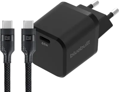 BlueBuilt 65 W GaN USB-C-Ladegerät Schwarz + USB-C-Kabel 240 W 2 m Nylon Schwarz