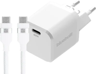 BlueBuilt 65 W GaN-USB-C-Ladegerät Weiß + USB-C-Kabel 240 W 2 m Nylon Weiß