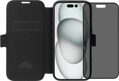 BlueBuilt Apple iPhone 16 Book Case Leder Schwarz + Panzerglas mit Blickschutzfilter