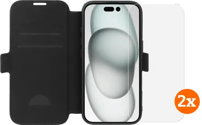BlueBuilt Apple iPhone 16 Book Case Leder Schwarz + Panzerglas Doppelpack