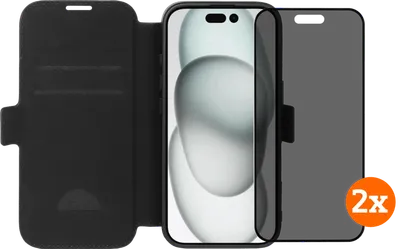 BlueBuilt Apple iPhone 16 Book Case Leder Schwarz + Privacy Panzerglas Doppelpack