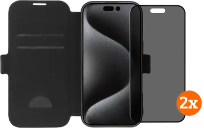 BlueBuilt Apple iPhone 16 Pro Book Case Leder Schwarz + Privacy Panzerglas Doppelpack
