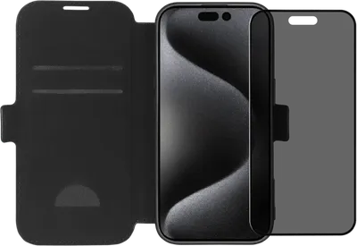 BlueBuilt Apple iPhone 16 Pro Book Case Leder Schwarz + Panzerglas mit Blickschutzfilter