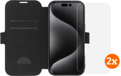 BlueBuilt Apple iPhone 16 Pro Book Case Leder Schwarz + Panzerglas Doppelpack