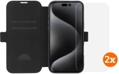 BlueBuilt Apple iPhone 16 Pro Max Book Case Leder Schwarz + Panzerglas Doppelpack