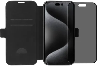 BlueBuilt Apple iPhone 16 Pro Max Book Case Leder Schwarz + Privacy Panzerglas