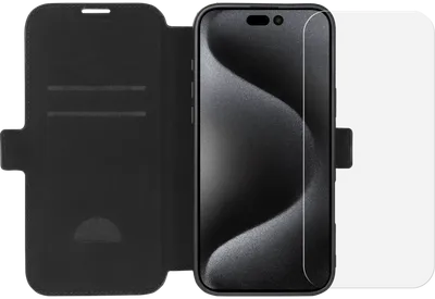 BlueBuilt Apple iPhone 16 Pro Max Book Case Leder Schwarz + Panzerglas