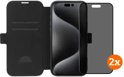 BlueBuilt Apple iPhone 16 Pro Max Book Case Leder Schwarz + Privacy Displayschutz Doppelpack